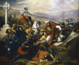 Peinture du XIXème siècle représentant la bataille de Poitiers. Deux armées s'affrontent dans un paysage désertique.